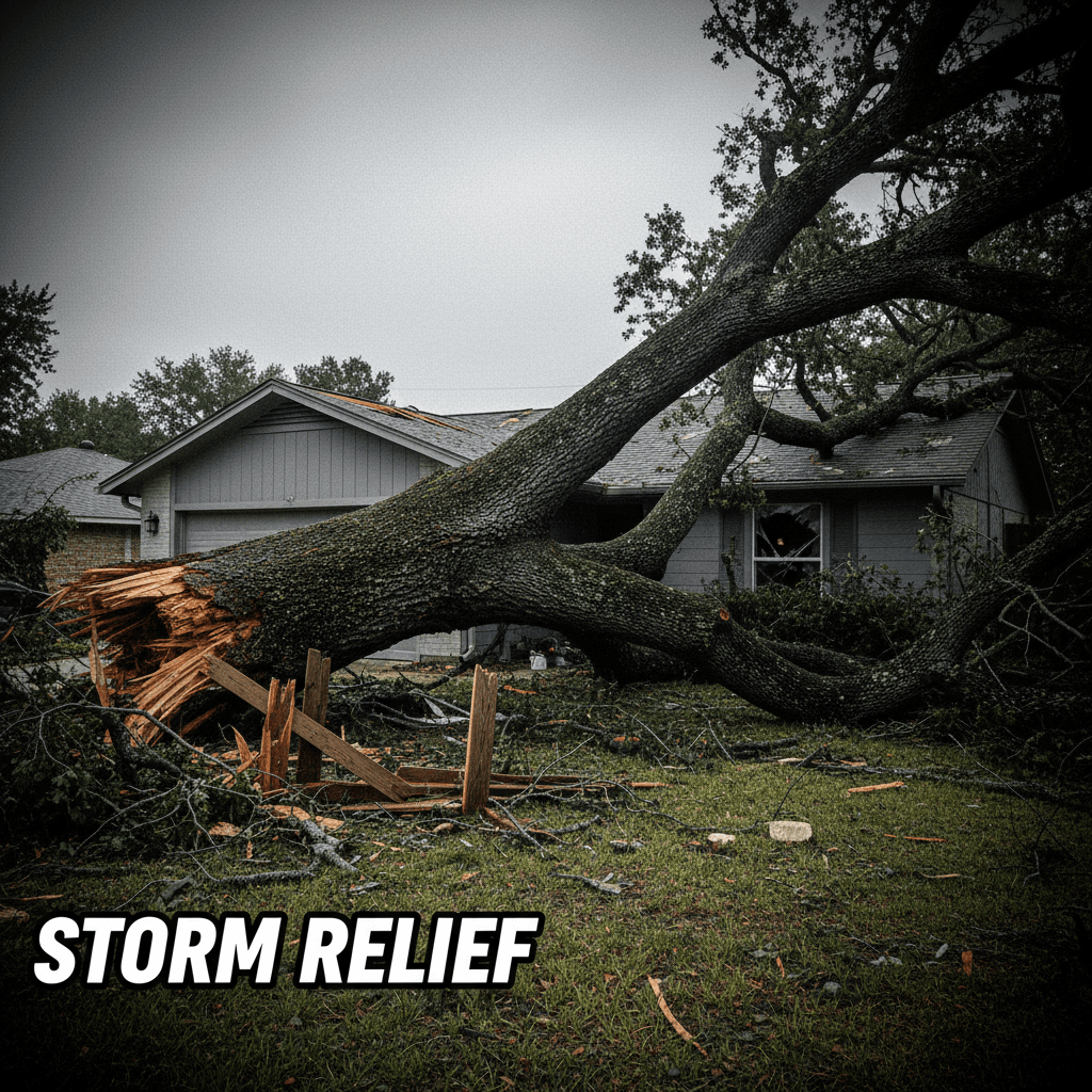 Fallen tree from storm damage on residential property