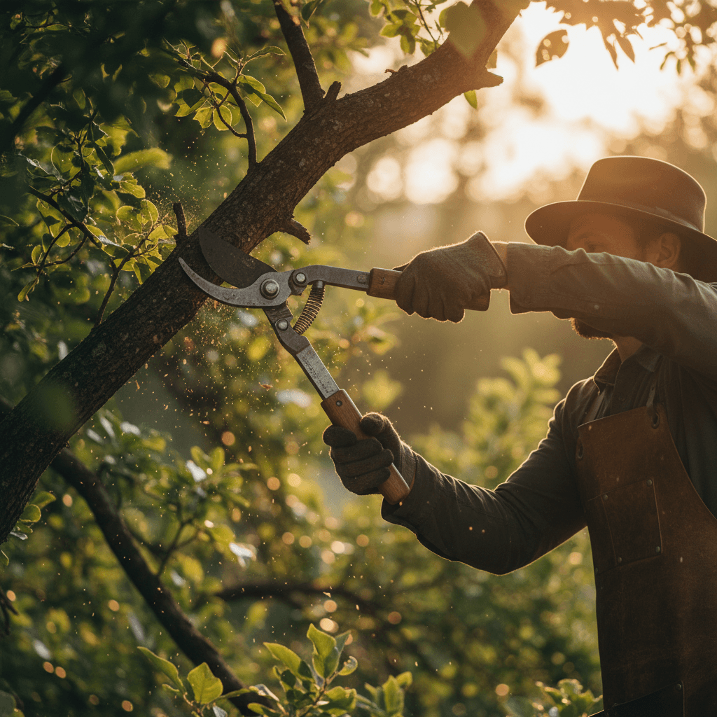 Arborist performing precision pruning with professional shears